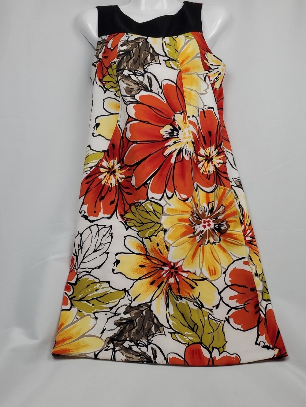dressbarn Floral Sleeveless Dress in White, Orange & Black